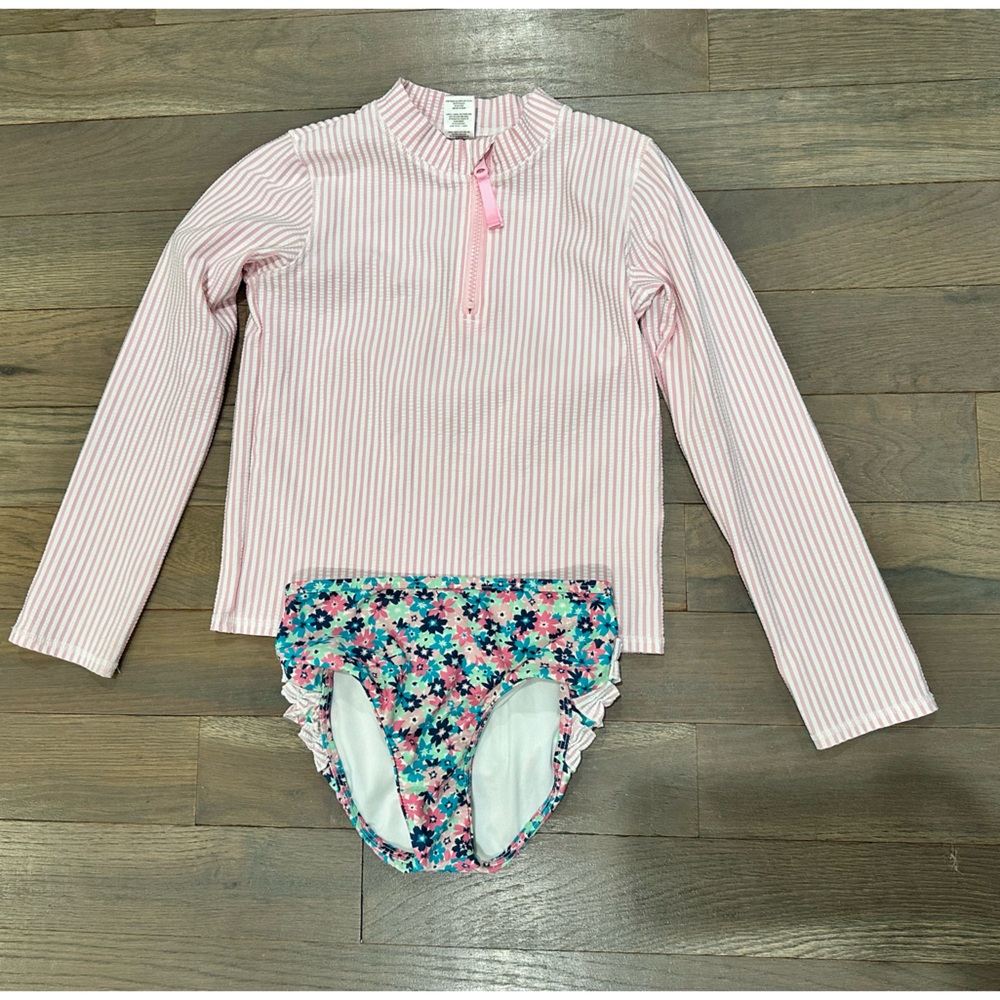 Girls' Pink Stripe Rash Guard Set with Floral Bikini Bottoms